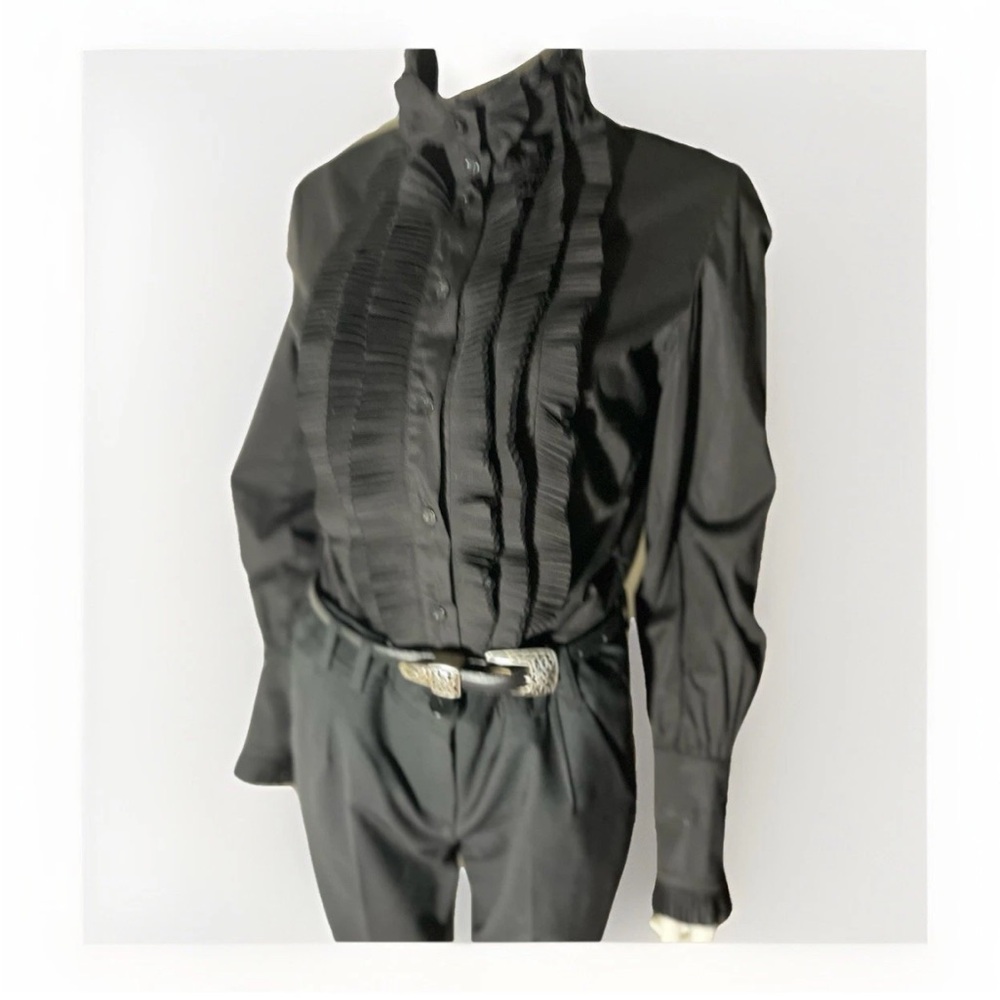 Vintage Rocco Barocco Black Cotton Blend Ruffled Long Sleeve Dress Shirt US 8